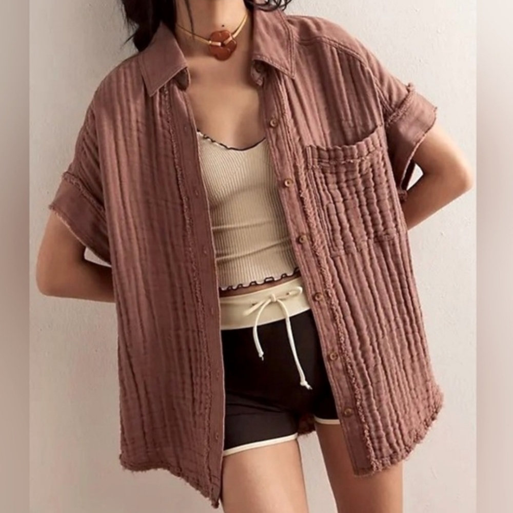 FREE PEOPLE Heat Waves Oversized Gauze Button Front Top Taupe XS